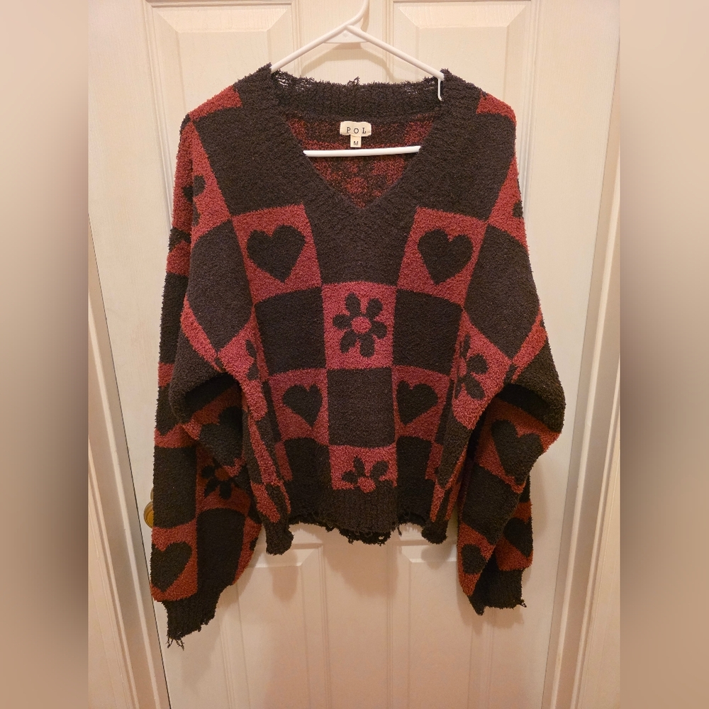 POL V-Neck Chunky Sweater in Rust and Chocolate Brown